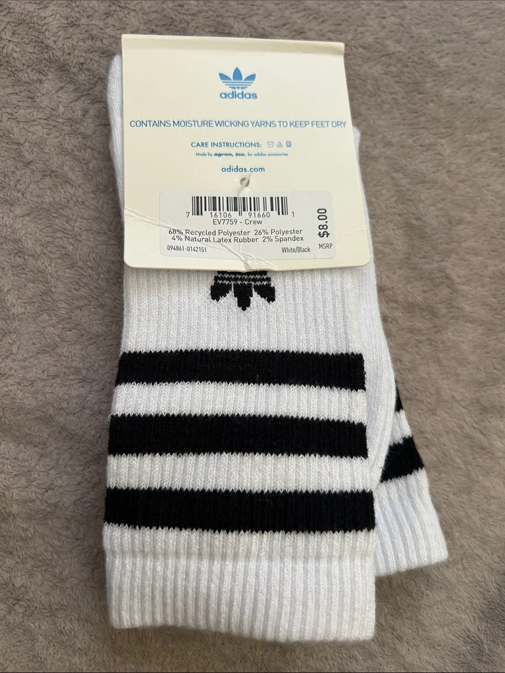 adidas White Crew Athletic Socks with Black Stripes